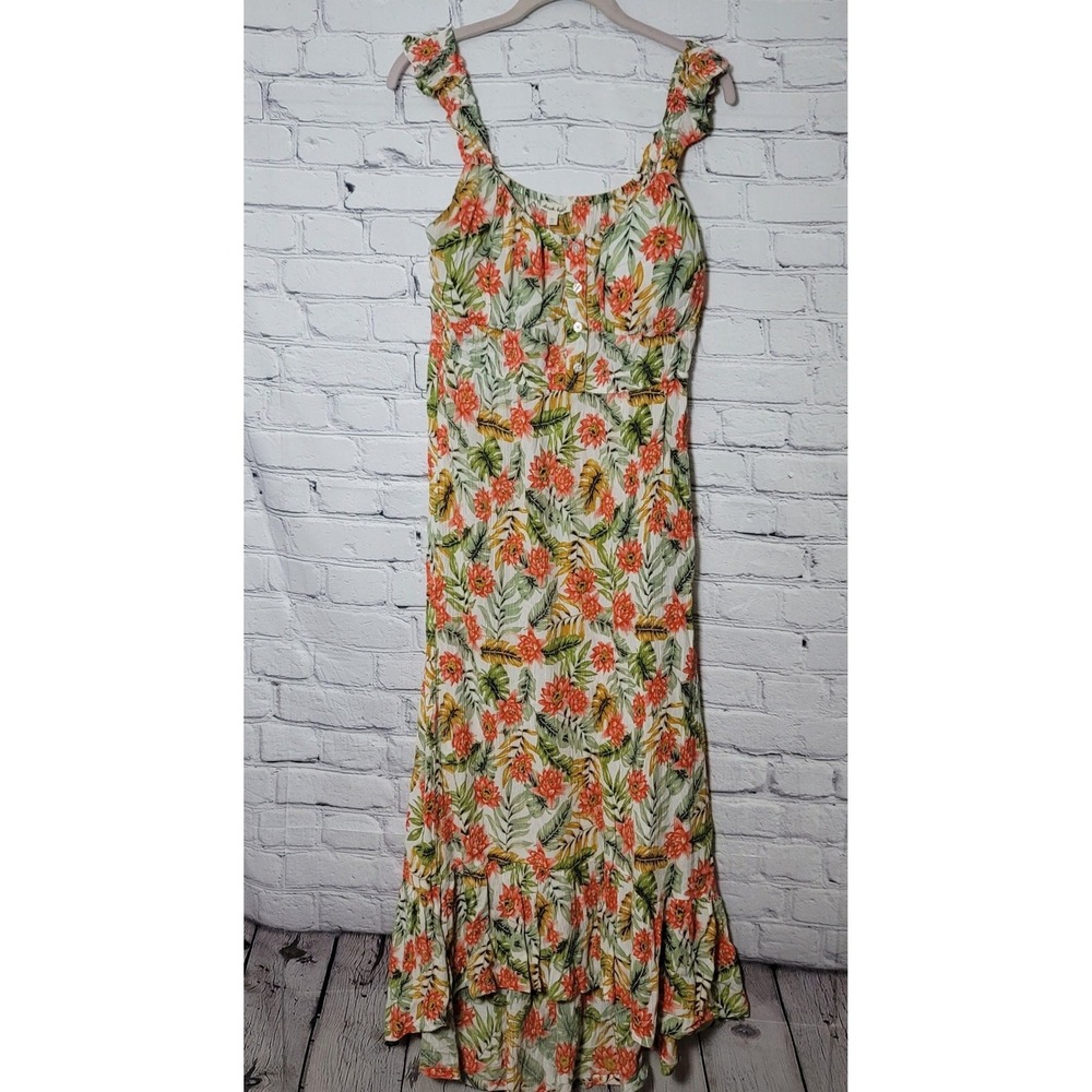 Derek Heart Floral Tropical Maxi Dress Womens XL Orange Green Ruffle High-Low